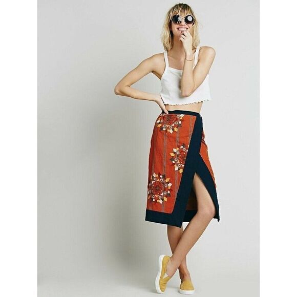 NEW FREE PEOPLE SZ XS SONGBIRD ASYMMETRICAL WRAP MIDI EMBROIDERED SKIRT RUST - Picture 1 of 6